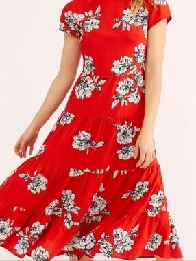 Free People Rita Floral Print Tiered Midi Dress Red Combo Size Small